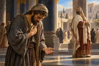 A humble tax collector bows in prayer with one hand over his heart while a self-satisfied man stands farther away in the temple courtyard.
