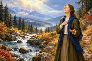A woman prays beside a forest stream as dawn light breaks through clouds.