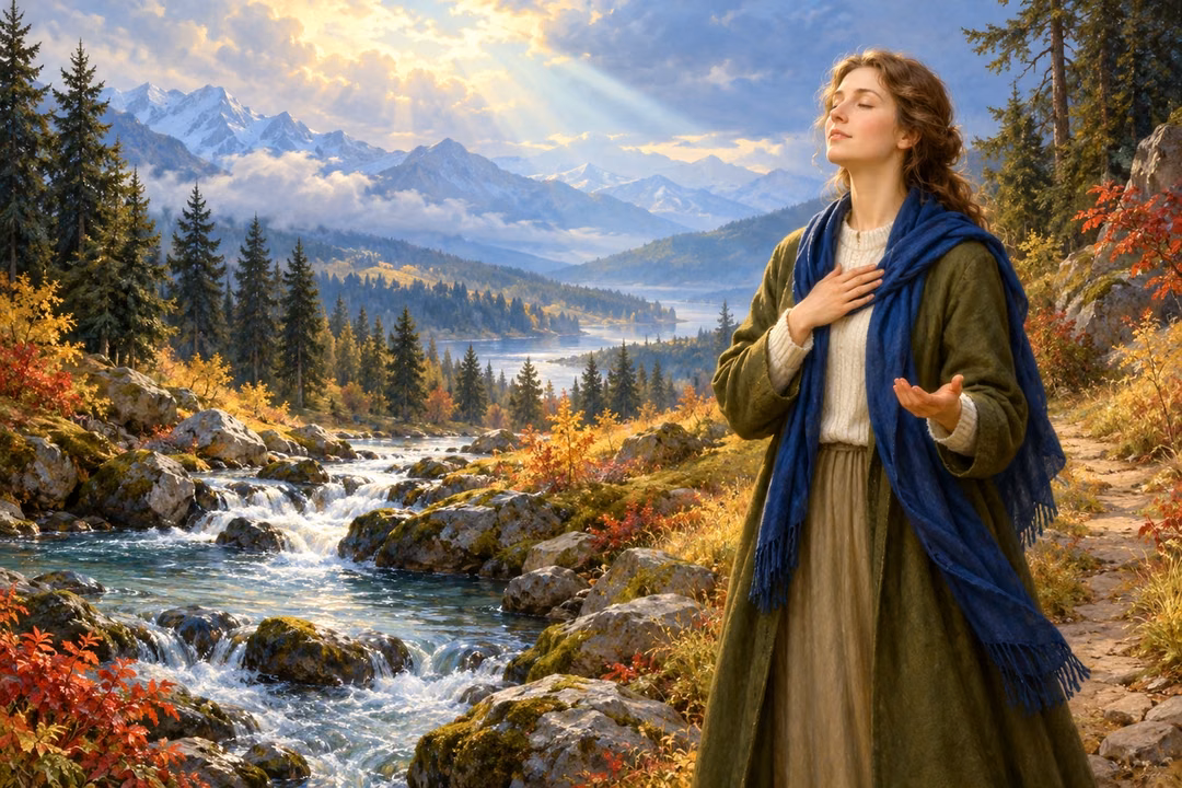 A woman prays beside a forest stream as dawn light breaks through clouds.