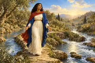 A woman walks a river path beneath gentle heavenly light.