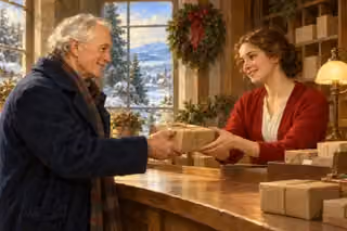 An elderly customer and a postal worker exchange a warm Christmas-season greeting over a parcel in a softly lit room.