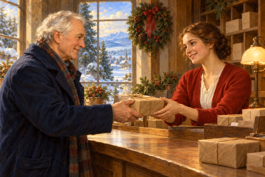 An elderly customer and a postal worker exchange a warm Christmas-season greeting over a parcel in a softly lit room.
