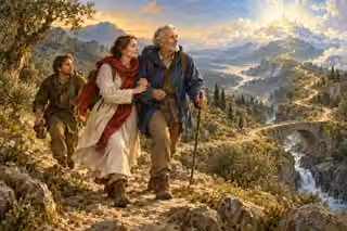 Three pilgrims help one another along a mountain path toward a distant radiant summit.