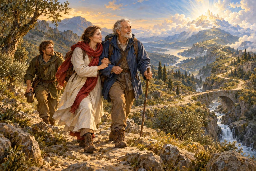 Three pilgrims help one another along a mountain path toward a distant radiant summit.
