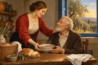 A woman offers warm soup and bread to an elderly neighbor in a sunlit kitchen.