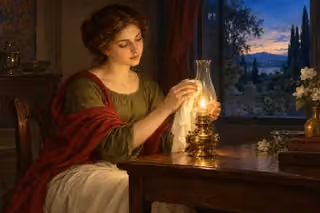 A woman patiently polishes an oil lamp’s glass, letting its steady light shine clearly.