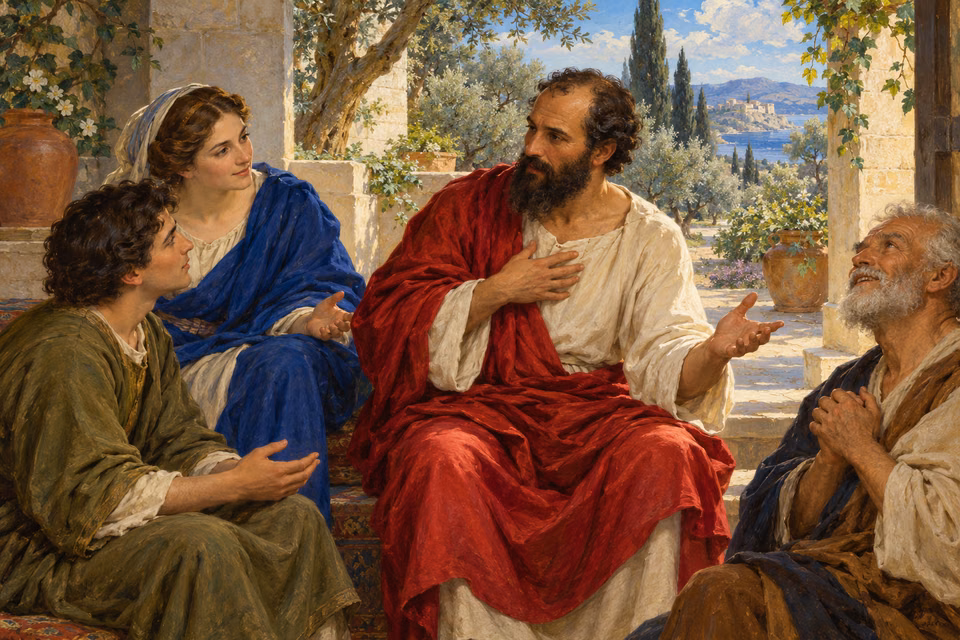 Oil painting of Paul teaching a receptive Gentile household in an open courtyard, his hand resting over his heart as they listen peacefully.