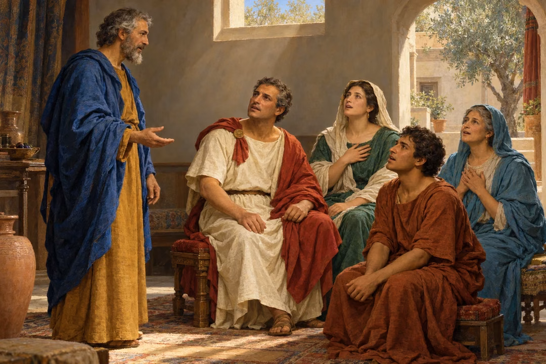 Peter in a blue mantle teaches four attentive adults in an ancient home, their hands and faces expressing sincere wonder and praise.