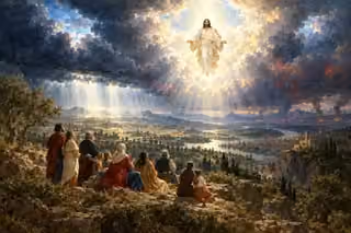 Believers watch Jesus descending in radiant clouds over a vast valley beneath dark skies.