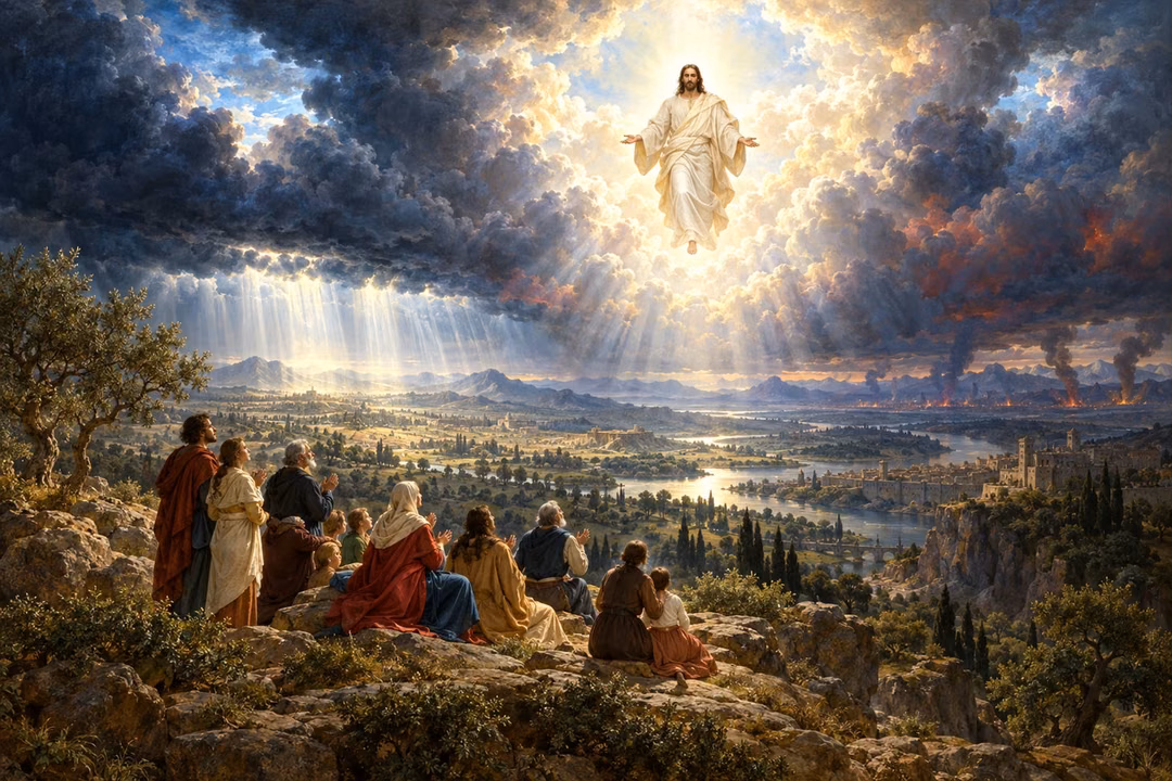 Believers watch Jesus descending in radiant clouds over a vast valley beneath dark skies.