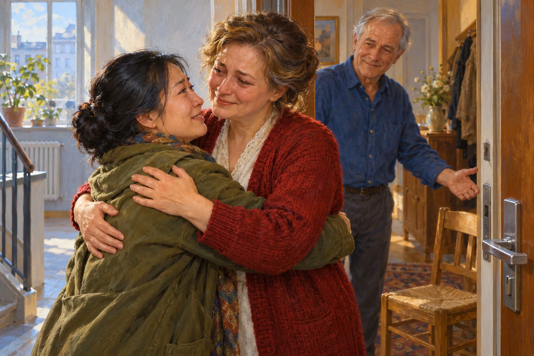 Two women embrace with relieved, tearful smiles at an apartment doorway while an older man welcomes them beside a wooden chair.