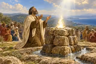 Elijah praying beside a stone altar while a reverent crowd bows on Mount Carmel.