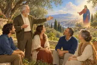 A humble teacher directs a garden fellowship toward Jesus with a welcoming gesture.