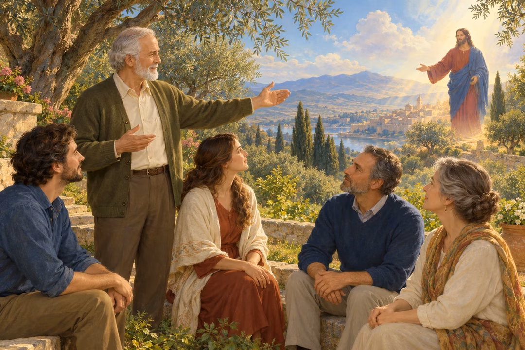 A humble teacher directs a garden fellowship toward Jesus with a welcoming gesture.