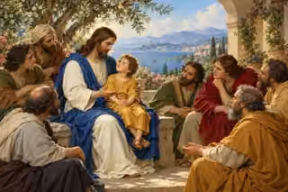 Jesus presents a child to attentive disciples as an example of humility.