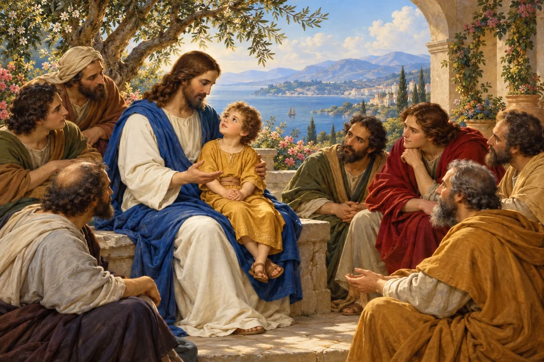 Jesus presents a child to attentive disciples as an example of humility.