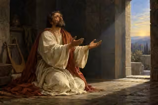 A sorrowful Levite in ivory and muted-crimson robes kneels with outstretched hands in a dark stone chamber; a lyre leans nearby and dawn lights the open doorway.
