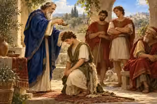 Samuel anoints the humble shepherd David in Jesse’s courtyard.