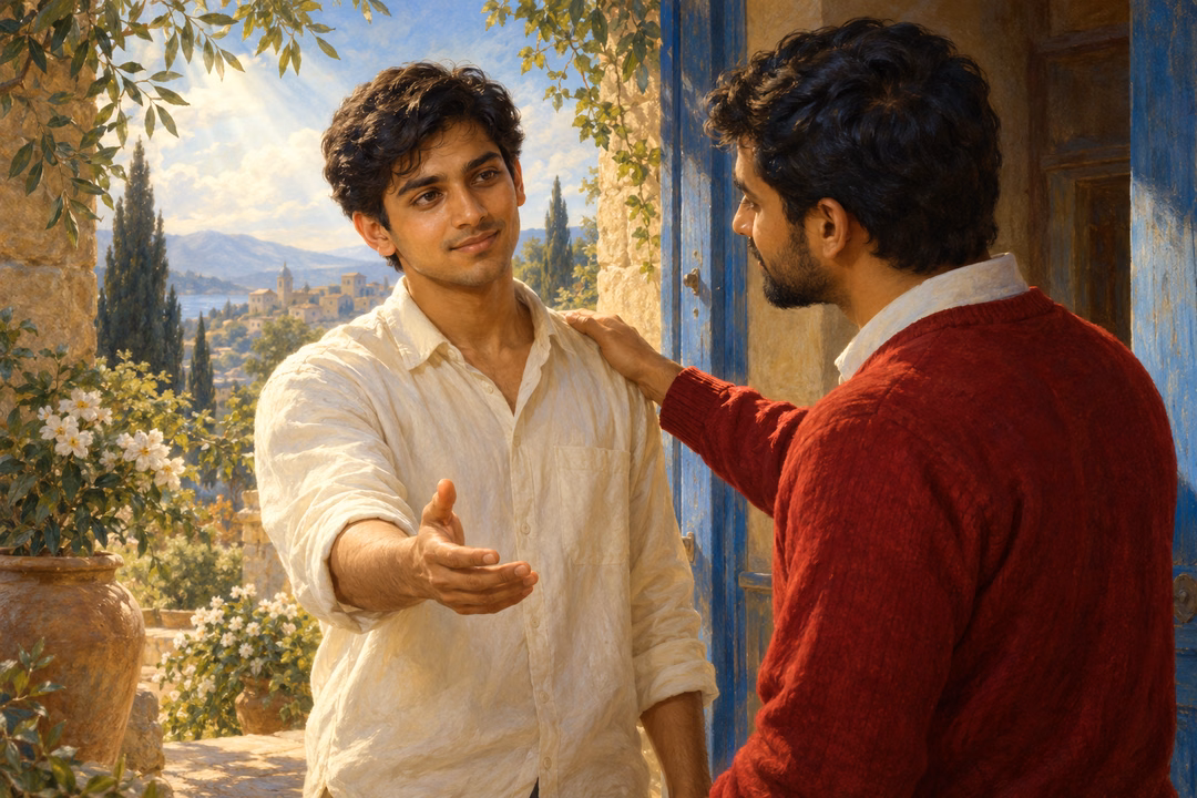 Two South Asian brothers reconcile in a softly illuminated doorway.