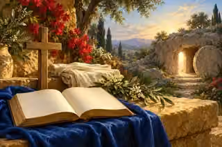 Scripture, a wooden cross and folded linen beside the empty tomb at dawn.