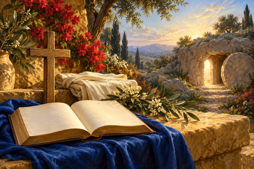 Scripture, a wooden cross and folded linen beside the empty tomb at dawn.