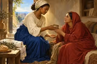 A woman offers water and gentle care to a weary neighbor.