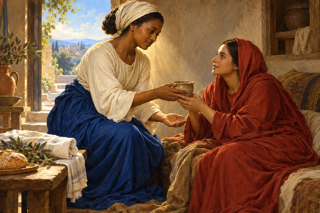 A woman offers water and gentle care to a weary neighbor.