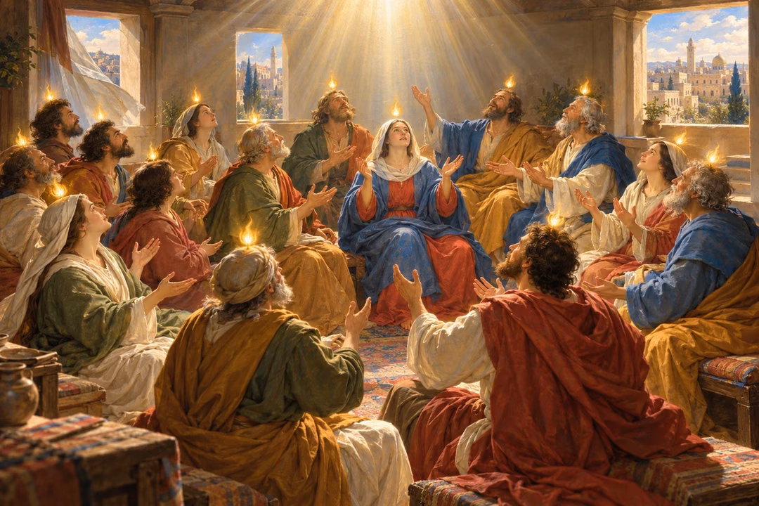 Believers receive the Holy Spirit together at Pentecost, with gentle flame-shaped lights above their heads.