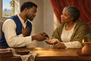 A man offers restitution to an older neighbor with a hand over his heart.