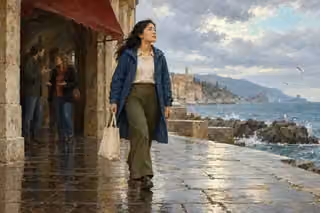 Raphael-inspired oil painting of a young woman in a blue raincoat walking onto an open seaside path while two adults continue a discussion under a shadowed stone arcade behind her.
