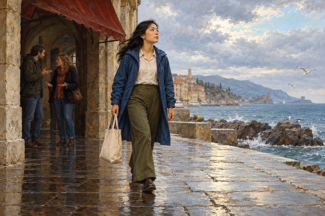 Raphael-inspired oil painting of a young woman in a blue raincoat walking onto an open seaside path while two adults continue a discussion under a shadowed stone arcade behind her.