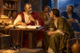 Paul teaches a young listener and two others over blank parchment in a lamplit room, with an unused open shackle and chain beside a chest.