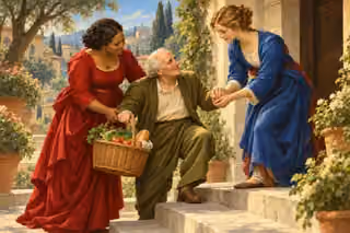 Two women in crimson and blue support an elderly man carrying a basket of vegetables as he climbs courtyard steps, with warm painted foliage and distant hills.
