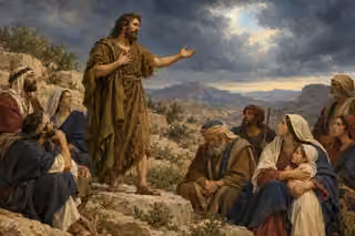 John the Baptist solemnly teaches a listening group in a rocky wilderness while an elder bows his head and a mother holds her child under a slate-blue sky.