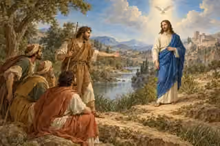 John the Baptist steps aside and directs listeners toward Jesus as a white dove descends above the Jordan’s bank.