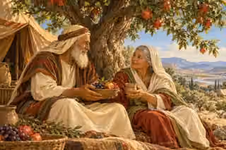 Abraham and Sarah share fruit and water beneath a flourishing tree, showing mutual care and honor in marriage.