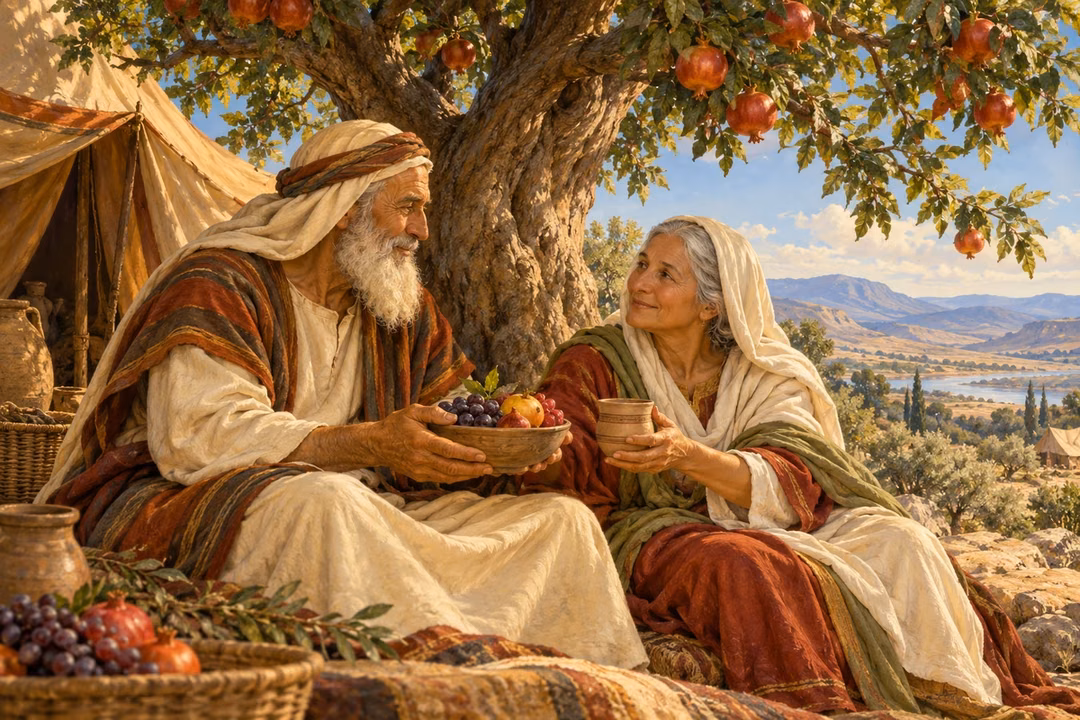 Abraham and Sarah share fruit and water beneath a flourishing tree, showing mutual care and honor in marriage.