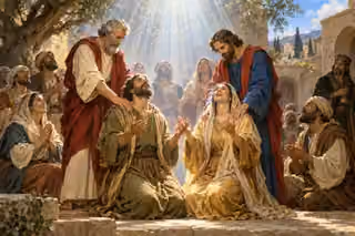 Peter and John pray with their hands on Samaritan believers as a luminous Spirit renewal fills the courtyard with joy, while Simon watches with a purse.