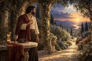 A man turns from an hourglass and worldly possessions toward a luminous garden path and a waiting neighbor.
