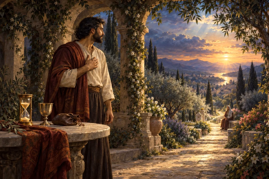 A man turns from an hourglass and worldly possessions toward a luminous garden path and a waiting neighbor.