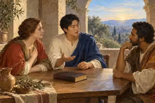 A teacher and two companions discuss faith and love in a sunlit loggia.