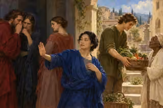 A woman refuses whispered slander while a kind neighbor offers vegetables to an elder.