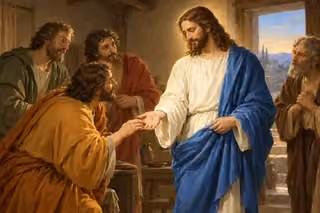 The risen Christ shows Thomas his healed hand as other disciples witness in quiet wonder.