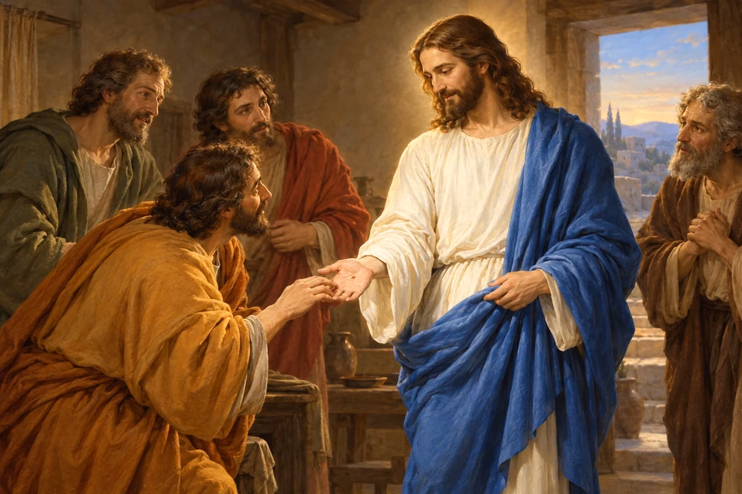 The risen Christ shows Thomas his healed hand as other disciples witness in quiet wonder.