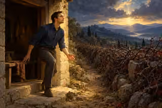 A man in a contemporary indigo shirt rises at a dark stone doorway and turns toward golden light above a lonely path bordered by thorns.