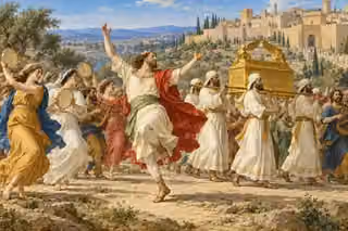 Fully clothed David dances joyfully before the Ark as musicians and bearers process toward Jerusalem.