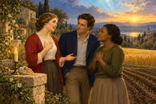 A woman shares a joyful testimony with two attentive neighbors beside a displayed candle and seed pouch overlooking planted furrows.
