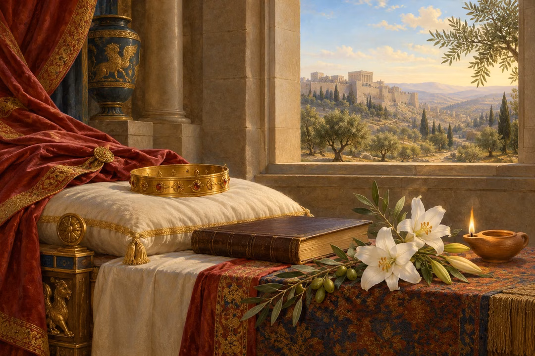 A crown, scripture book and lilies rest beside a peaceful sunlit bed.