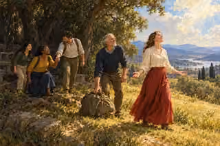 Five contemporary believers emerge from a shadowed grove into spiritual light, helping one another and releasing a heavy burden.
