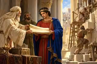 King Josiah receives a recovered scroll while craftsmen restore the temple’s limestone walls.